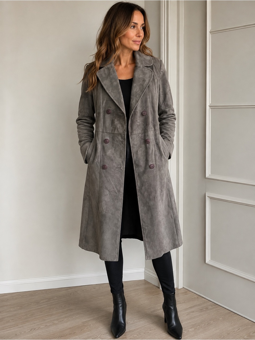 Vintage Sterling Stall 100% Suede Midi Trench Coat Smokey Grey Modern Size 6